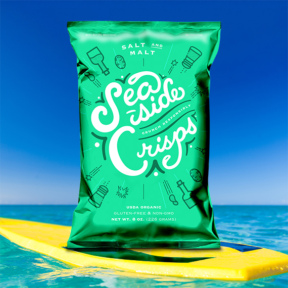 Potato chip packaging on a surfboard