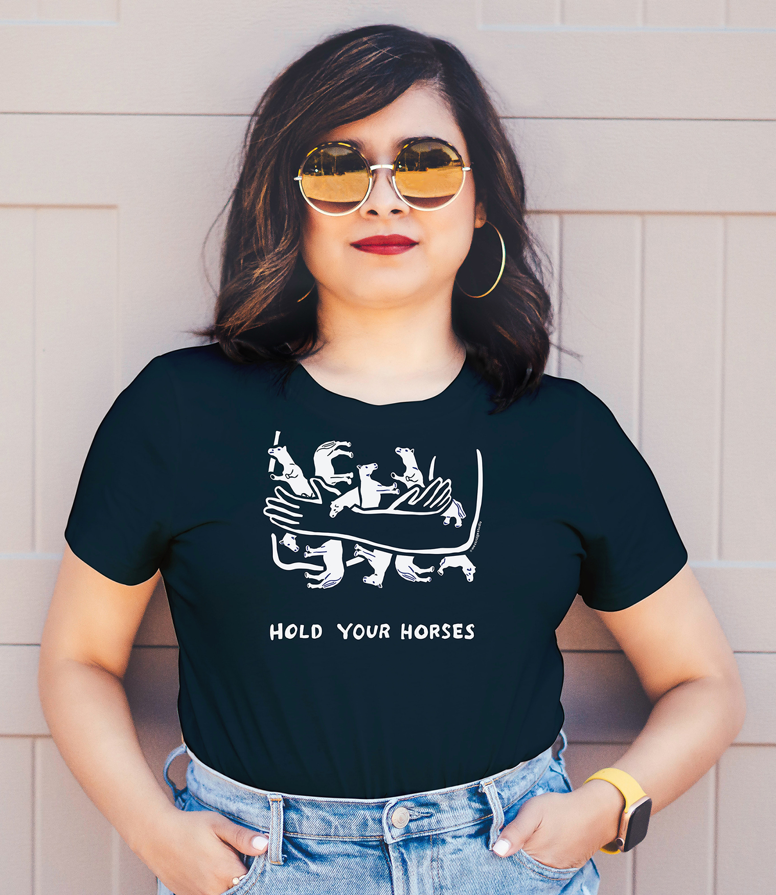 Gifts for horse lovers - women's t-shirt with Hold Your Horses graphic