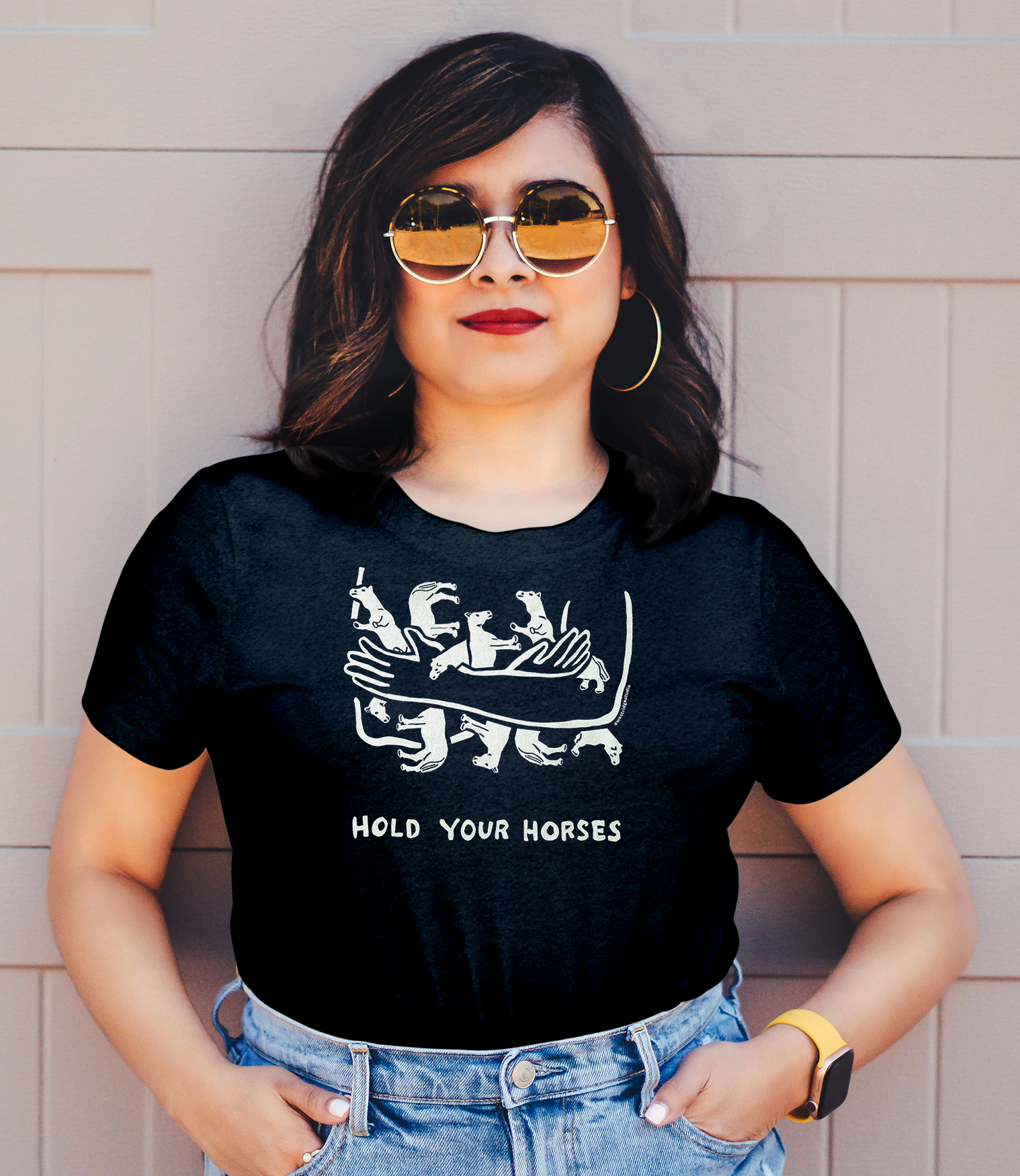 Gifts for horse lovers - women's t-shirt with Hold Your Horses graphic